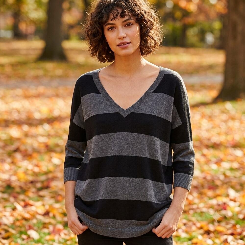 Joie Chyanne Wool Cashmere Blend Wide Stripe V-Neck Sweater Black Gray Womens M